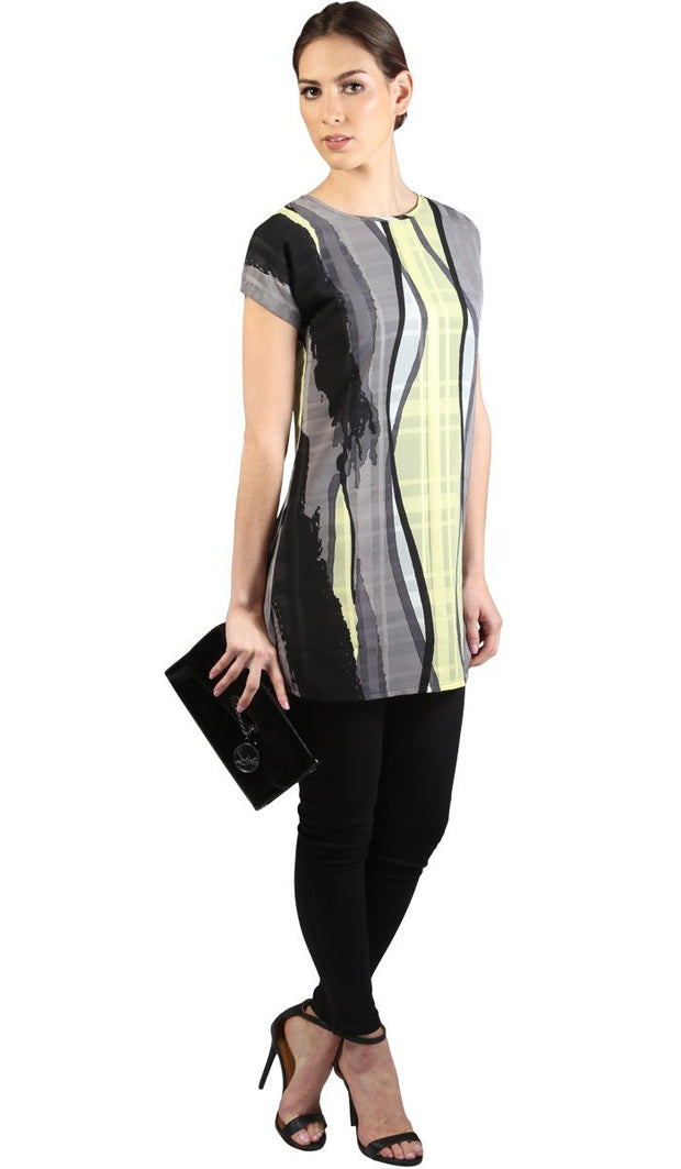 Long Two Way Short Sleeve Layering Top - Gray Black Print