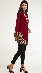 Mahnaz Gold Embellished Long Modest Tunic - Ruby