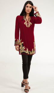 Mahnaz Gold Embellished Long Modest Tunic - Ruby