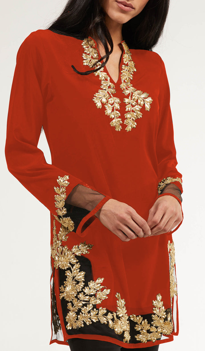 Tunique modeste longue ornée Mahnaz Gold - Corail