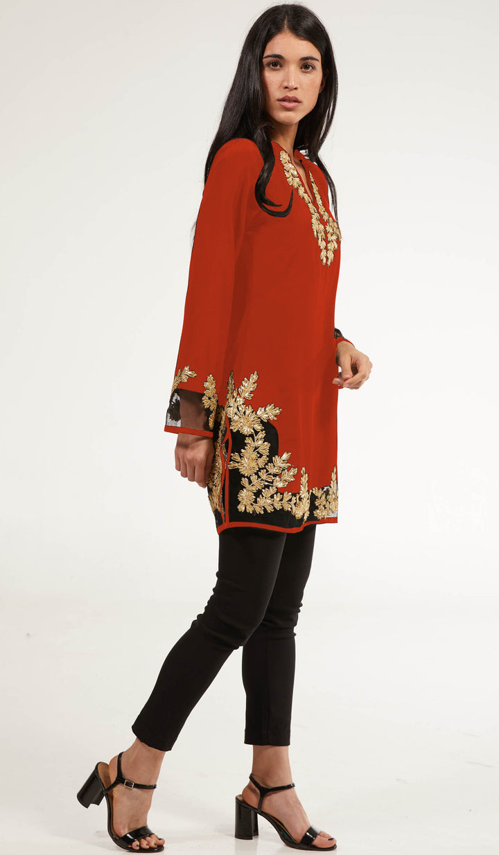 Tunique modeste longue ornée Mahnaz Gold - Corail