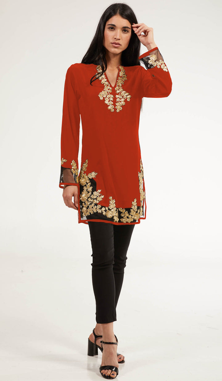 Tunique modeste longue ornée Mahnaz Gold - Corail