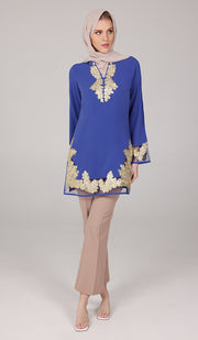 Mahnaz Gold Embellished Long Modest Tunic - Ocean Blue