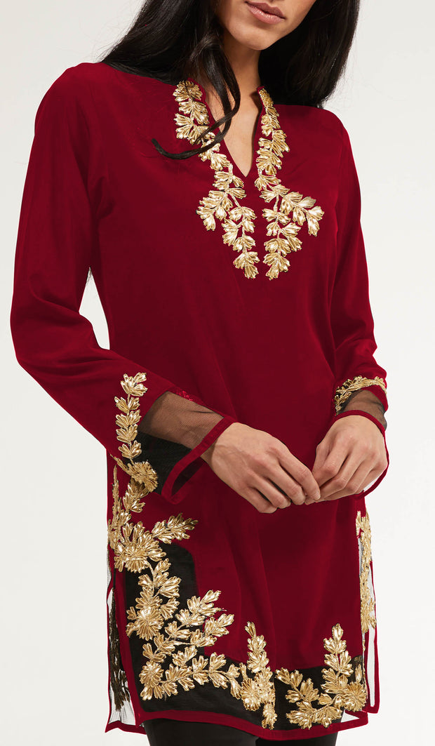 Mahnaz Gold Embellished Long Modest Tunic - Ruby