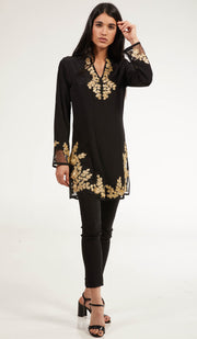 Mahnaz Gold Embellished Long Modest Tunic - Black