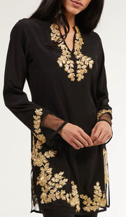 Mahnaz Gold Embellished Long Modest Tunic - Black