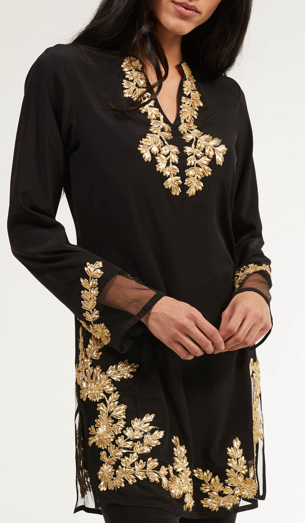 Black and Gold Embroidered Moroccan Long Modest Tunic | Hijab 