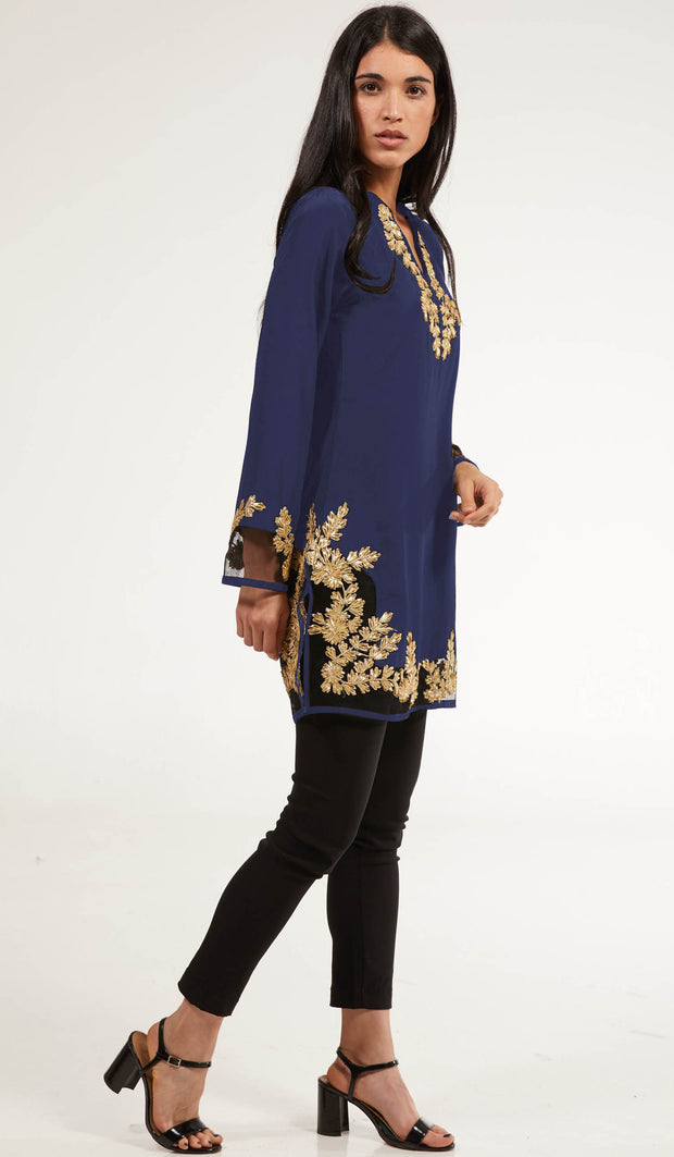 Mahnaz Gold Embellished Long Modest Tunic - Sapphire