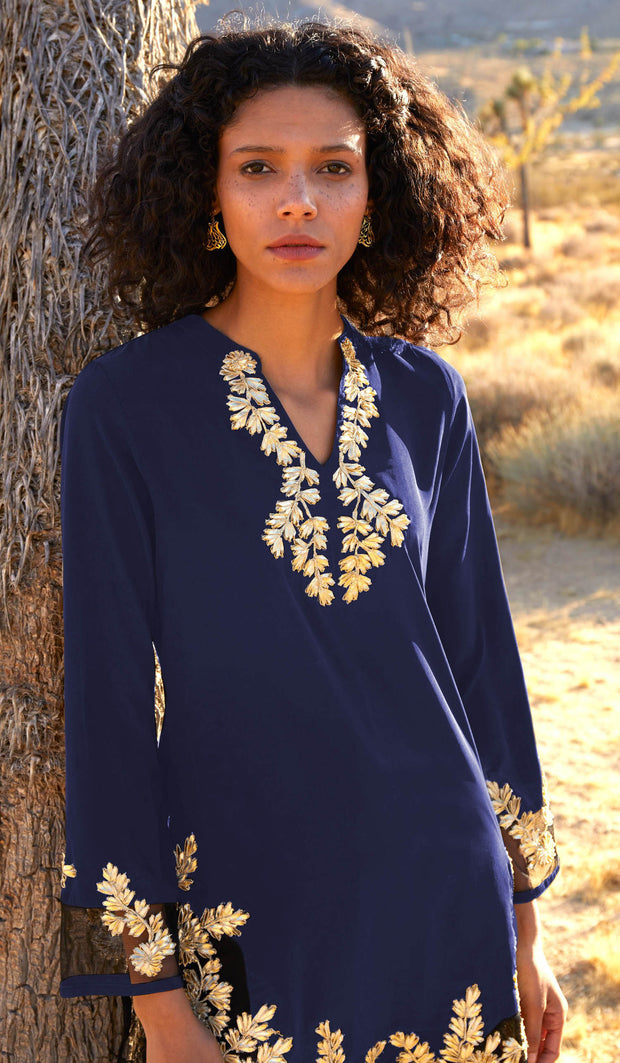 Mahnaz Gold Embellished Long Modest Tunic - Sapphire