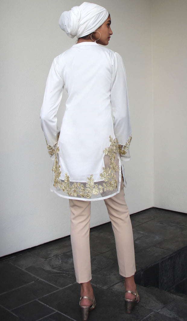 Mahnaz Gold Embellished Long Modest Tunic - Off White