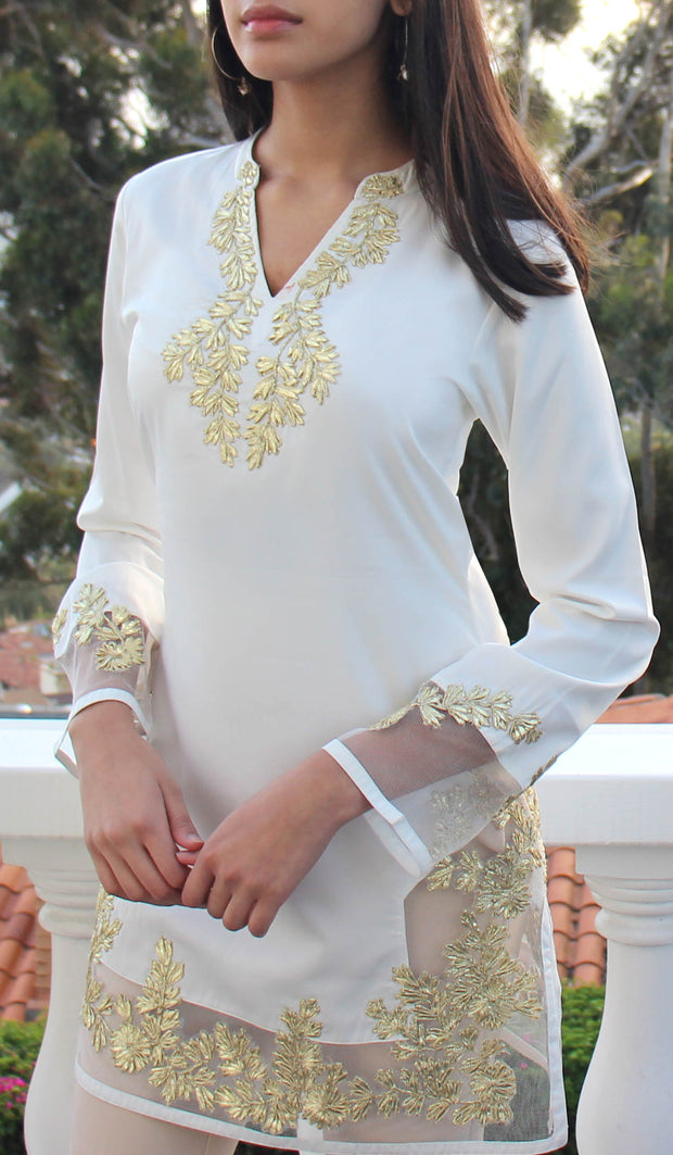 Mahnaz Gold Embellished Long Modest Tunic - Off White