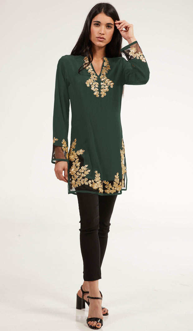 Mahnaz Gold Embellished Long Modest Tunic - Emerald