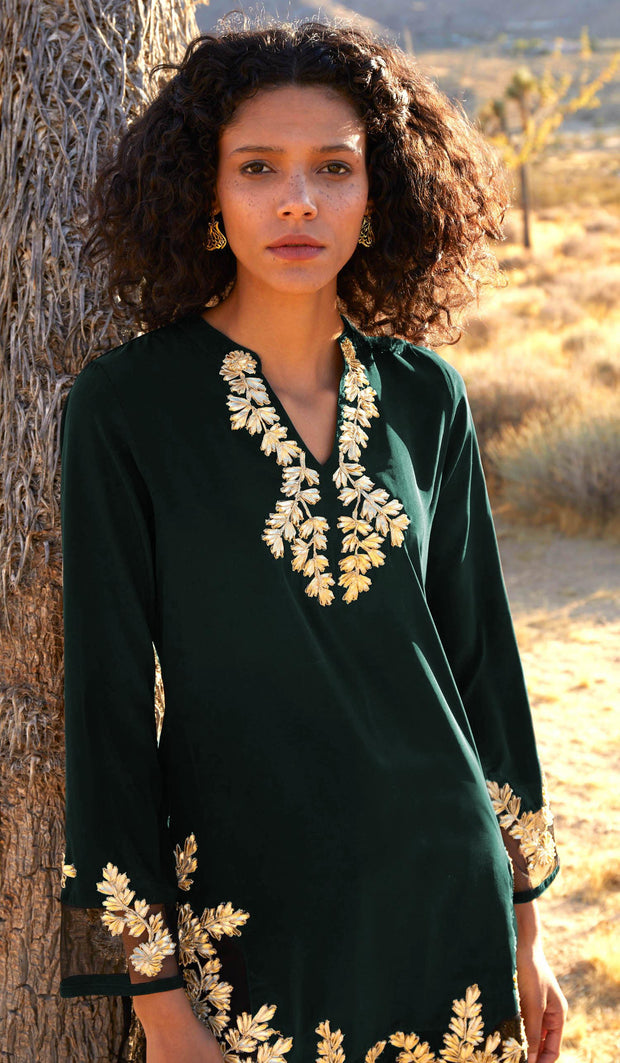 Mahnaz Gold Embellished Long Modest Tunic - Emerald