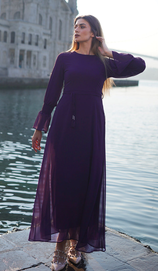 Merve Modest Long Chiffon Maxi Dress - Orchid