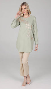 Mey Gold Embellished Long Modest Tunic - Tea Green - FINAL SALE