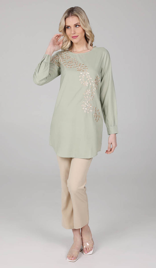 Mey Gold Embellished Long Modest Tunic - Tea Green - FINAL SALE