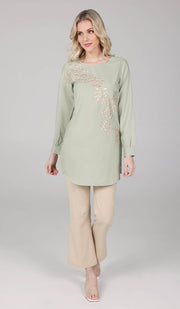 Mey Gold Embellished Long Modest Tunic - Tea Green - FINAL SALE