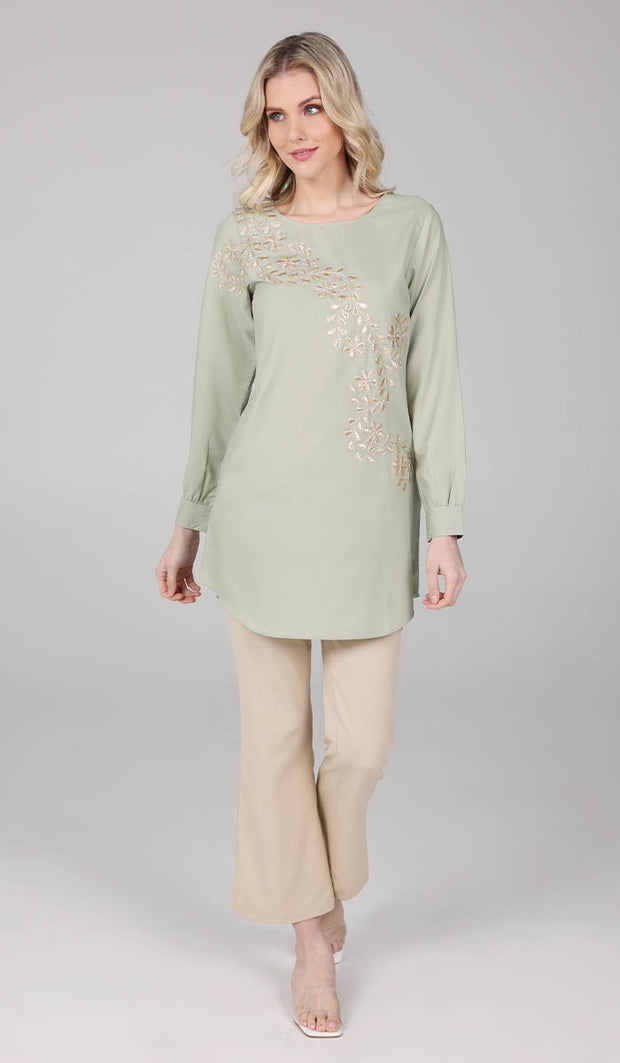Mey Gold Embellished Long Modest Tunic - Tea Green - FINAL SALE