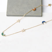 Mira Dainty Gold plated Sterling Silver Multicolor Crescent Moon and Star Necklace