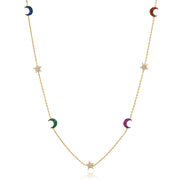 Mira Dainty Gold plated Sterling Silver Multicolor Crescent Moon and Star Necklace
