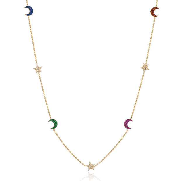 Mira Dainty Gold plated Sterling Silver Multicolor Crescent Moon and Star Necklace