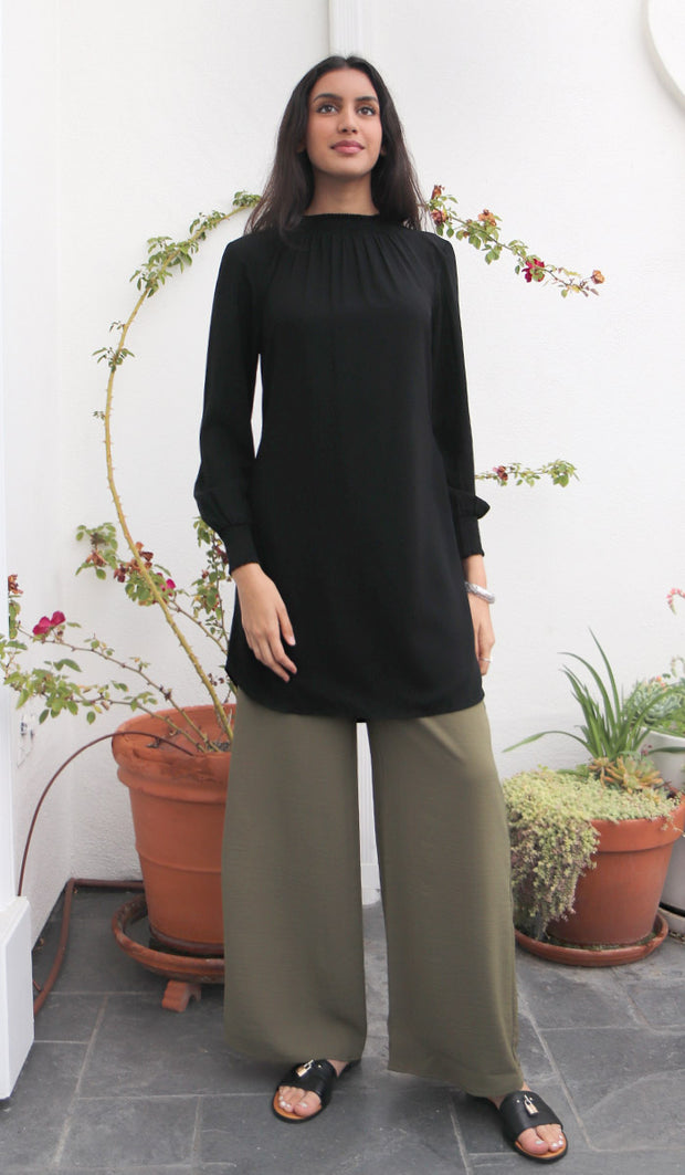 Inaya Olive Green Loose and Flowy Stretch Wide Leg Pants, Modest pants