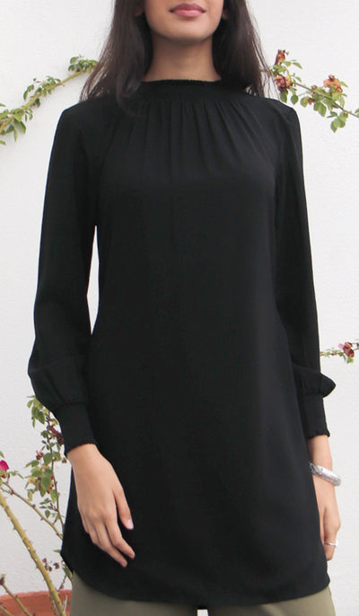 Mishal Essential Long Smocked Modest Tunic - Black