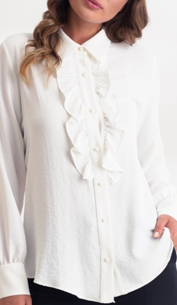 Mona Ruffle Front Button-down Shirt - Cream - Final Sale