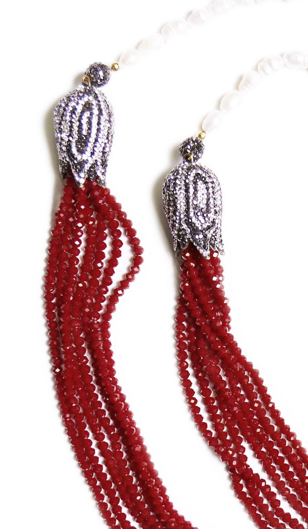 Multistrand Turkish Tulip Artisan Necklace - Ruby and Pearls