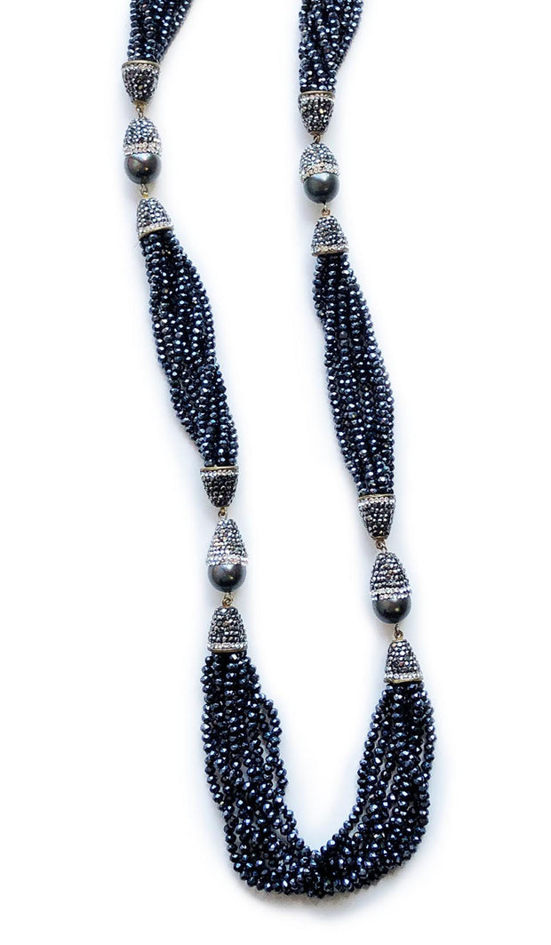 Collier artisanal turc multibrins - Perles bleu saphir et grises