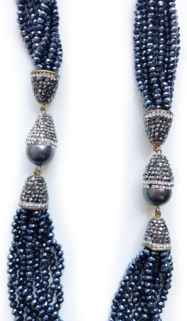 Collier artisanal turc multibrins - Perles bleu saphir et grises