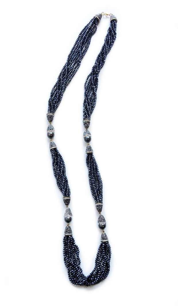 Collier artisanal turc multibrins - Perles bleu saphir et grises