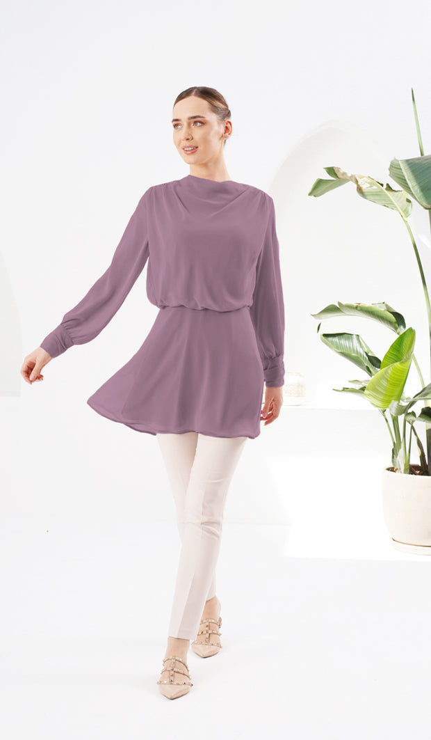 Robe tunique en mousseline de soie modeste Myra - Mauve poussiéreux