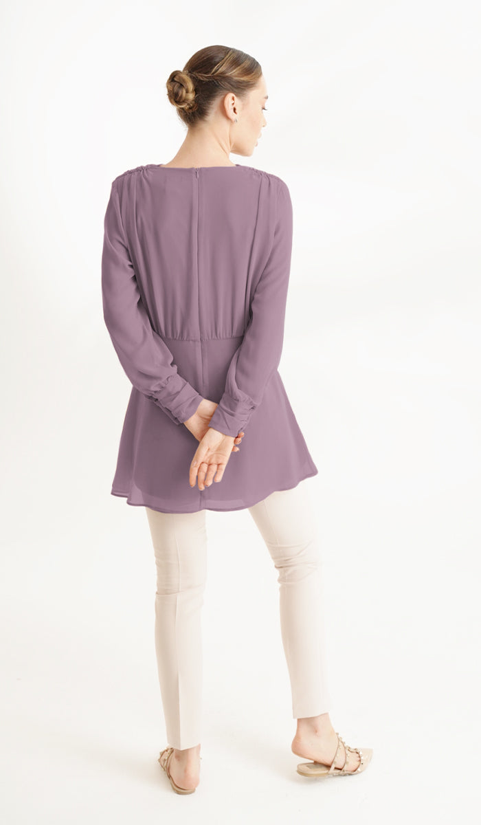 Back view of the modest chiffon tunic of Myra tunic in Dusty Mauve.