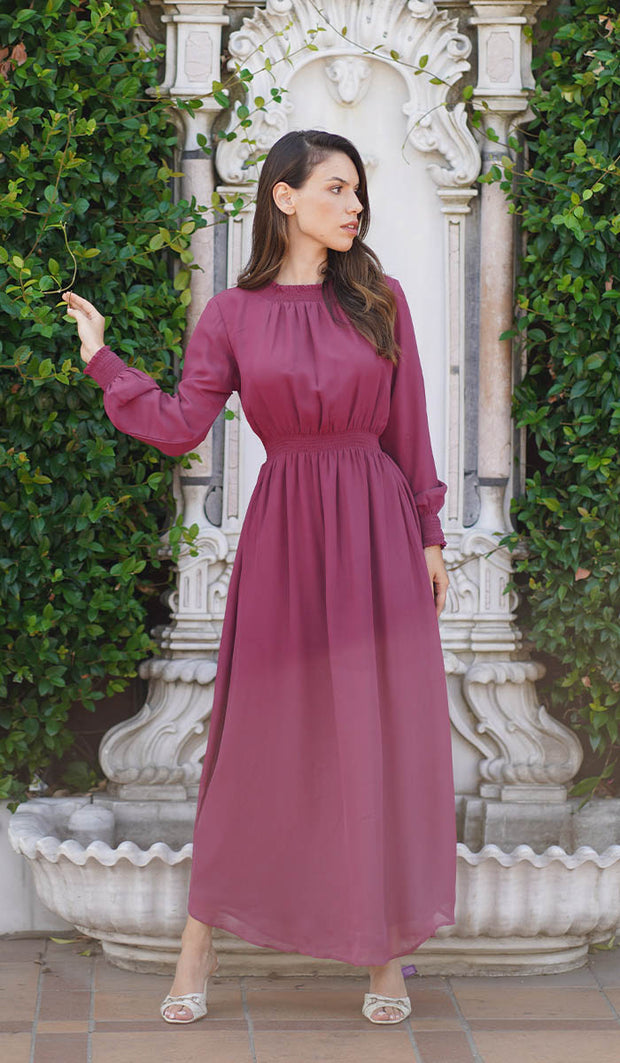 Nadia Smocked Chiffon Modest Long Maxi Dress - Orchid - FINAL SALE