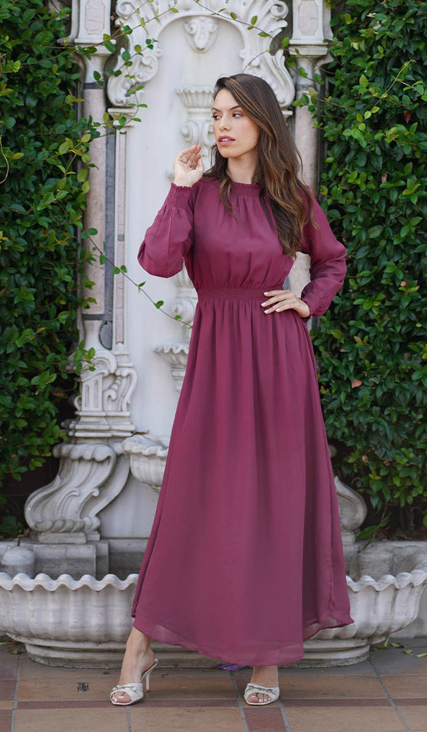 Nadia Smocked Chiffon Modest Long Maxi Dress - Orchid - FINAL SALE