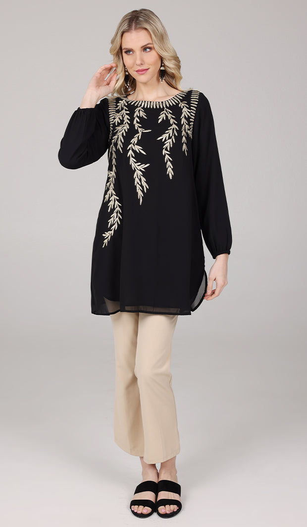 Nawal Gold Embroidered Long Modest Tunic - Black