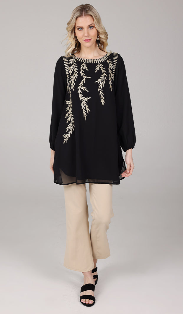 Nawal Gold Embroidered Long Modest Tunic - Black