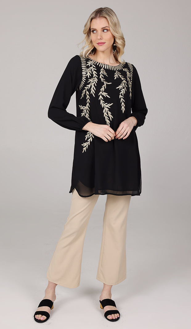 Nawal Gold Embroidered Long Modest Tunic - Black