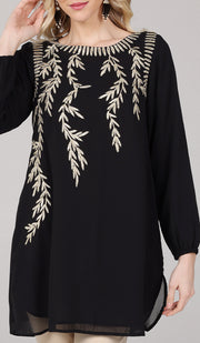 Nawal Gold Embroidered Long Modest Tunic - Black