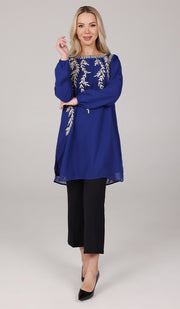 Nawal Gold Embroidered Long Modest Tunic - Royal Blue