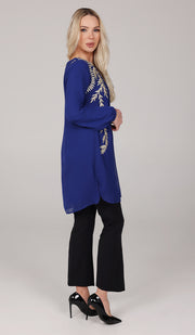 Nawal Gold Embroidered Long Modest Tunic - Royal Blue