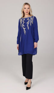 Nawal Gold Embroidered Long Modest Tunic - Royal Blue