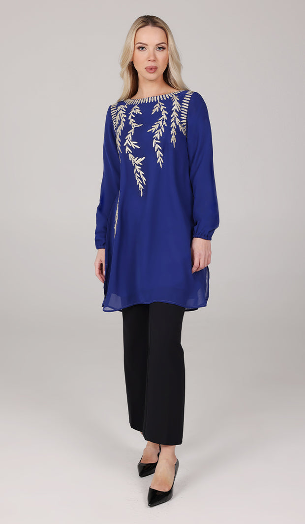 Nawal Gold Embroidered Long Modest Tunic - Royal Blue