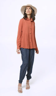 Nour Linen Cotton Buttondown Colllar Tunic Dress - Sunset - FINAL SALE