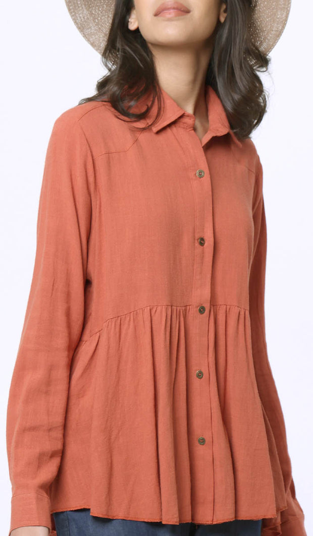 Nour Linen Cotton Buttondown Colllar Tunic Dress - Sunset - FINAL SALE