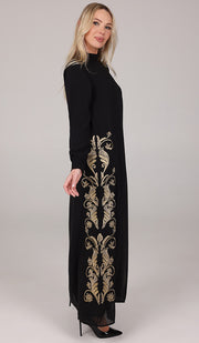 Nyla Modest Long Formal Gold Embellished Maxi Dress - Black