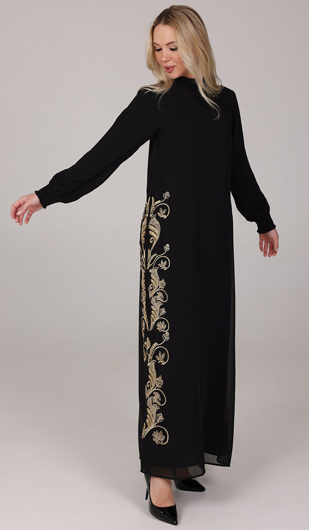 Nyla Modest Long Formal Gold Embellished Maxi Dress - Black