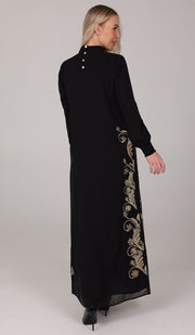 Nyla Modest Long Formal Gold Embellished Maxi Dress - Black