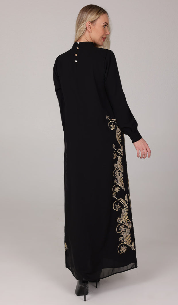 Nyla Modest Long Formal Gold Embellished Maxi Dress - Black